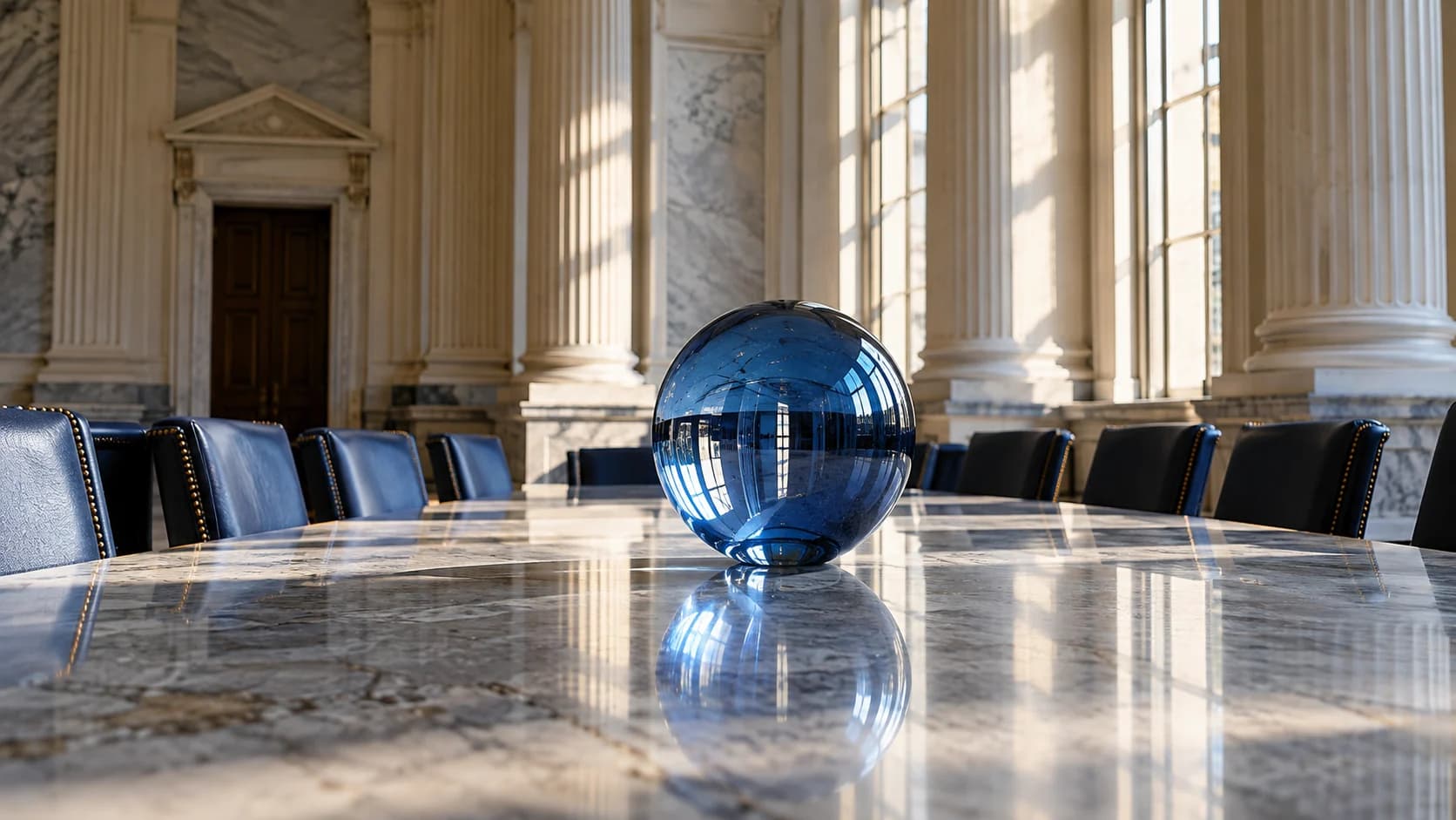 Blue glass sphere on a conference table in a sunlit institutional meeting room