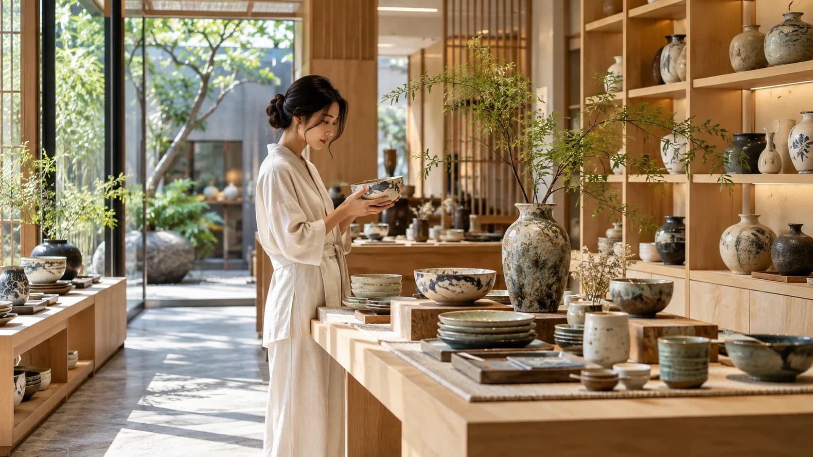 Vietnamese ceramics displayed in a refined Japanese retail interior