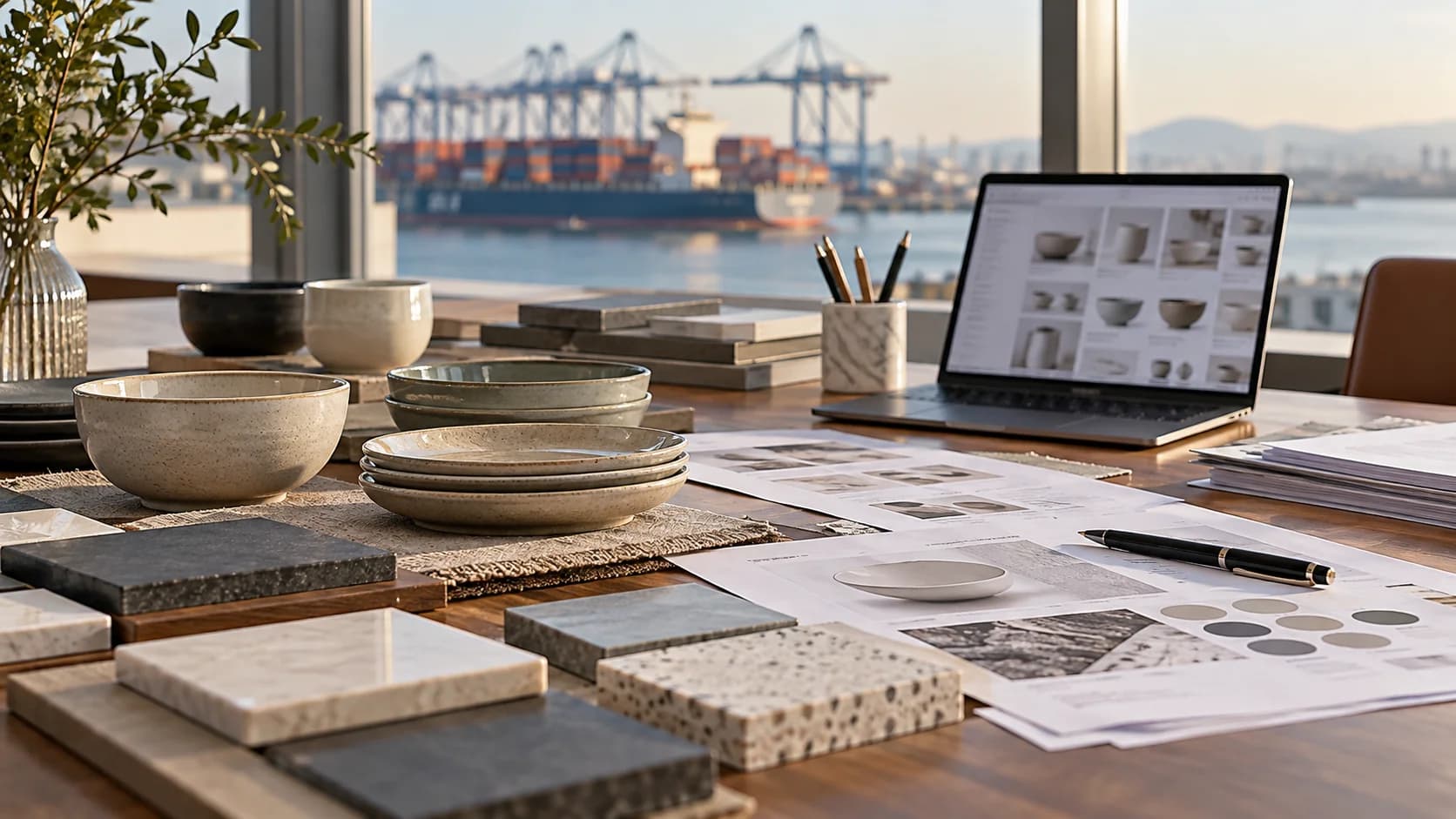 Product samples and a digital export catalog on a business table