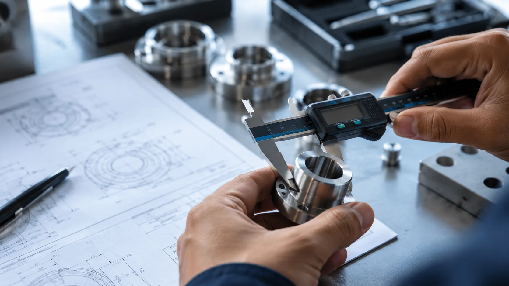 Macro of digital caliper checking a machined component beside a technical specification sheet