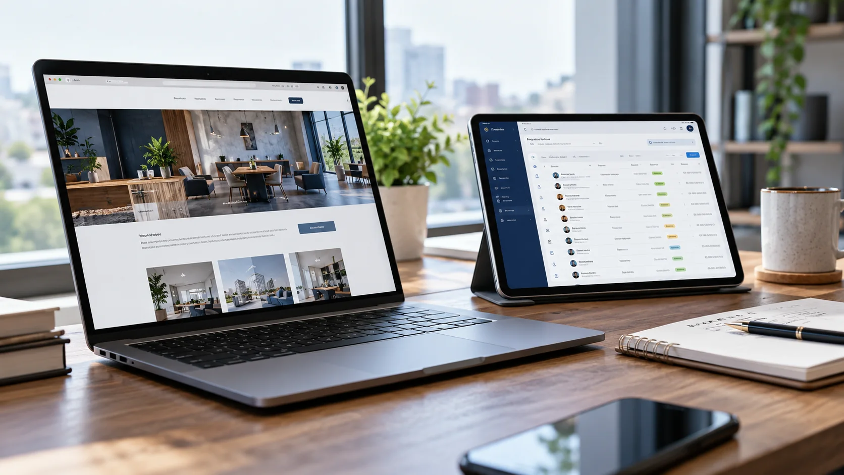 Side angle of laptop showing a business service website and tablet showing an organized customer inquiry dashboard
