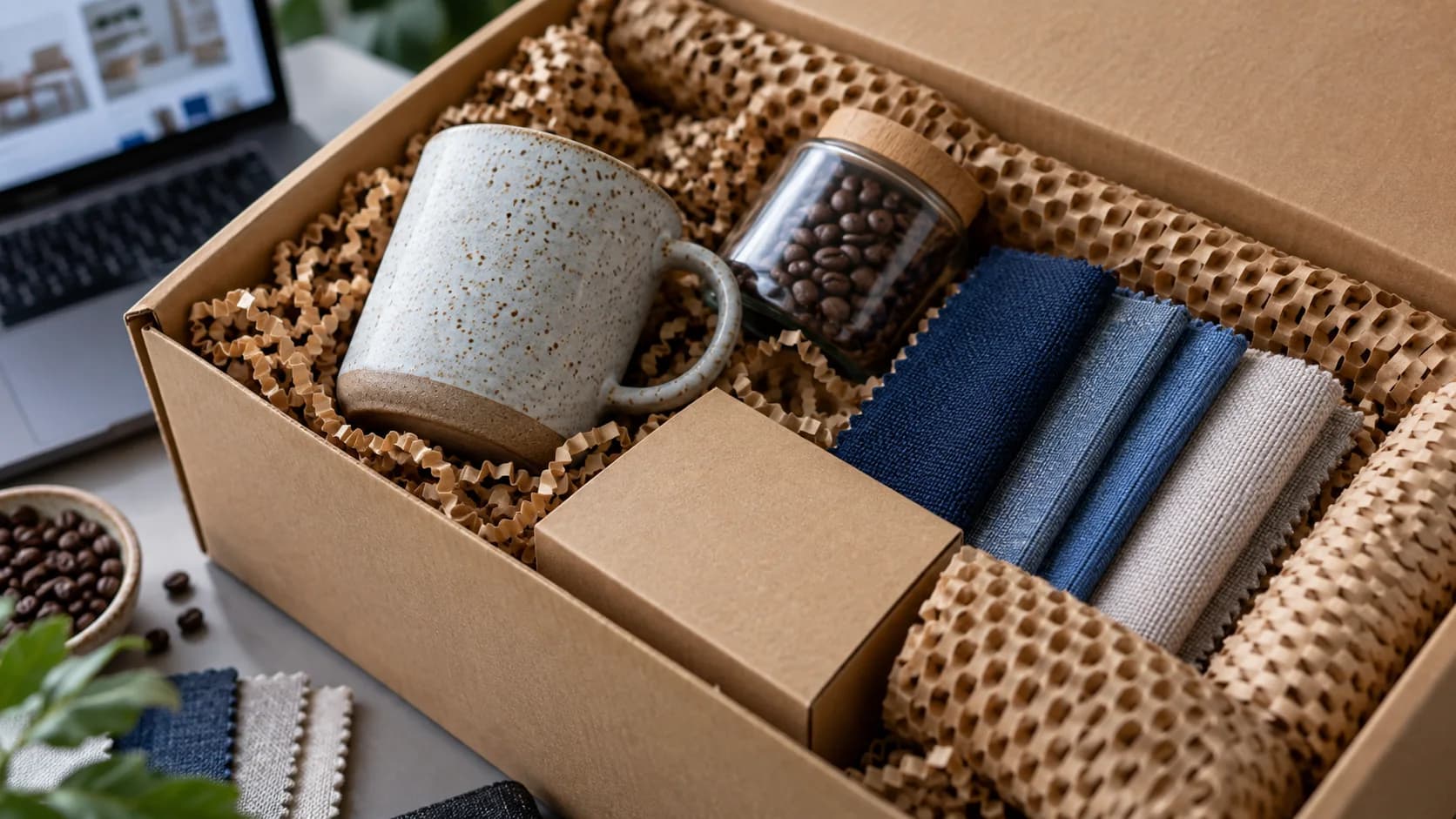 Neatly arranged export sample box with ceramic cup, fabric swatches, coffee beans and protective packing