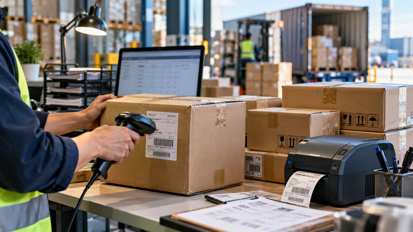 Close-up of a logistics workstation with barcode scanner, sealed export cartons and label printer