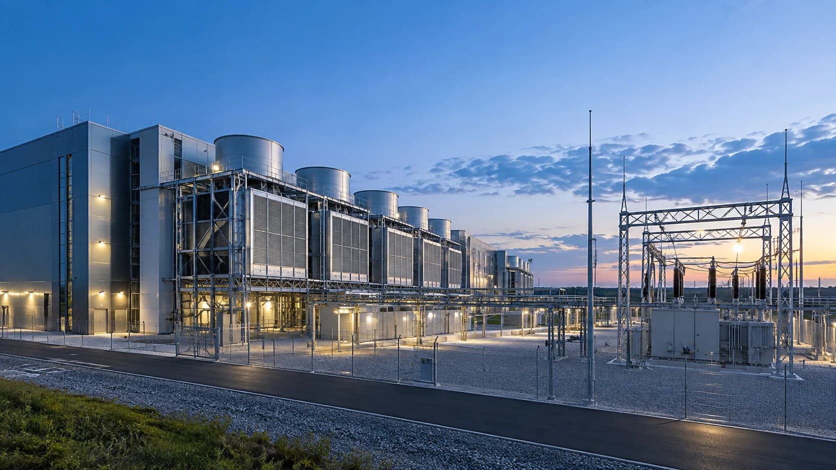 Conceptual data centre and adjacent electricity infrastructure at dawn