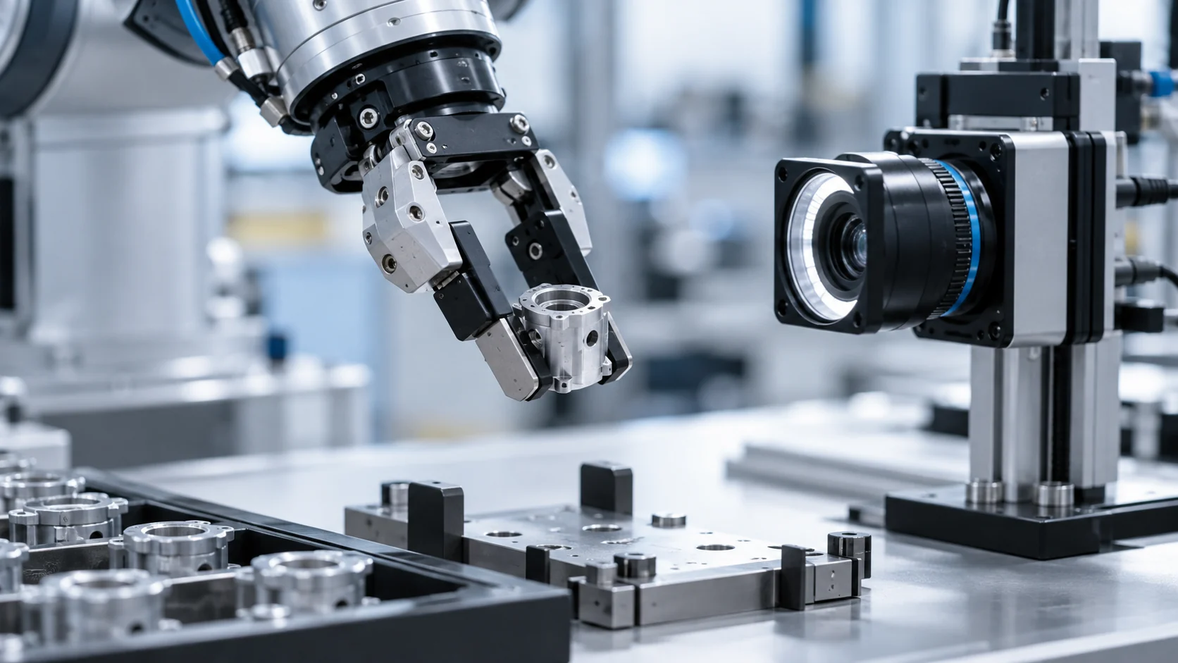Industrial robotic gripper and inspection camera at a precision workbench