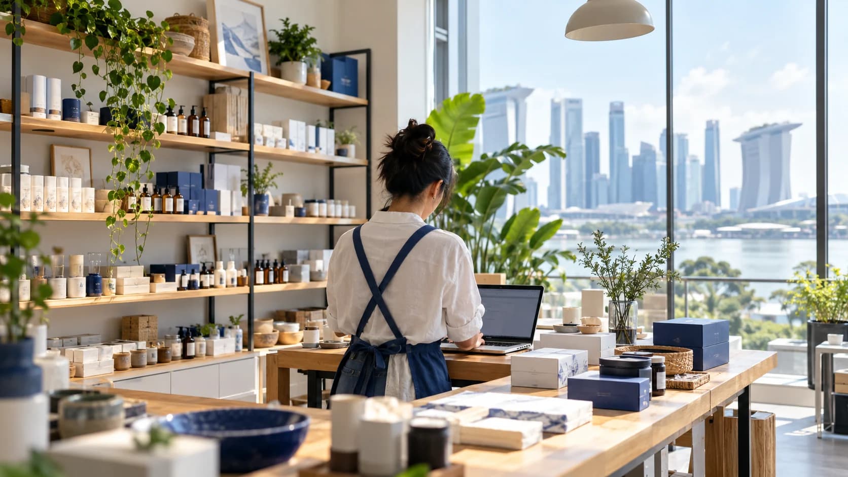Small business owner at a product and laptop workstation in Singapore