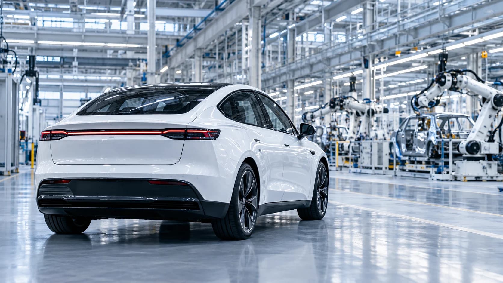 Unbranded white electric car in a bright conceptual vehicle assembly hall