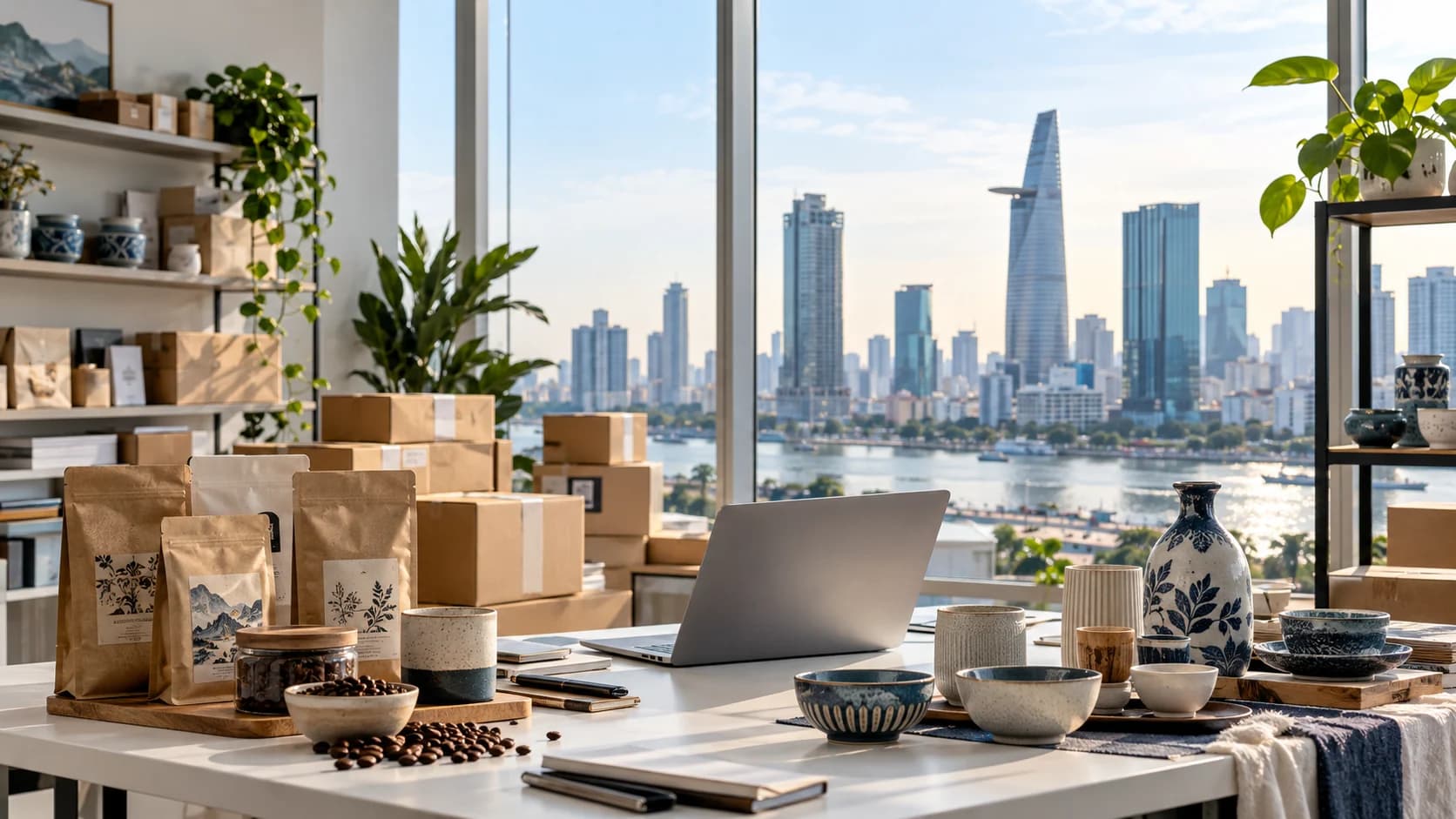Coffee and ceramic samples at a conceptual Vietnamese export studio