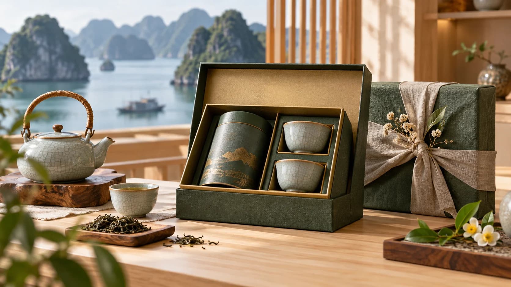 Tea and ceramic gift packaging on a Japanese wood counter