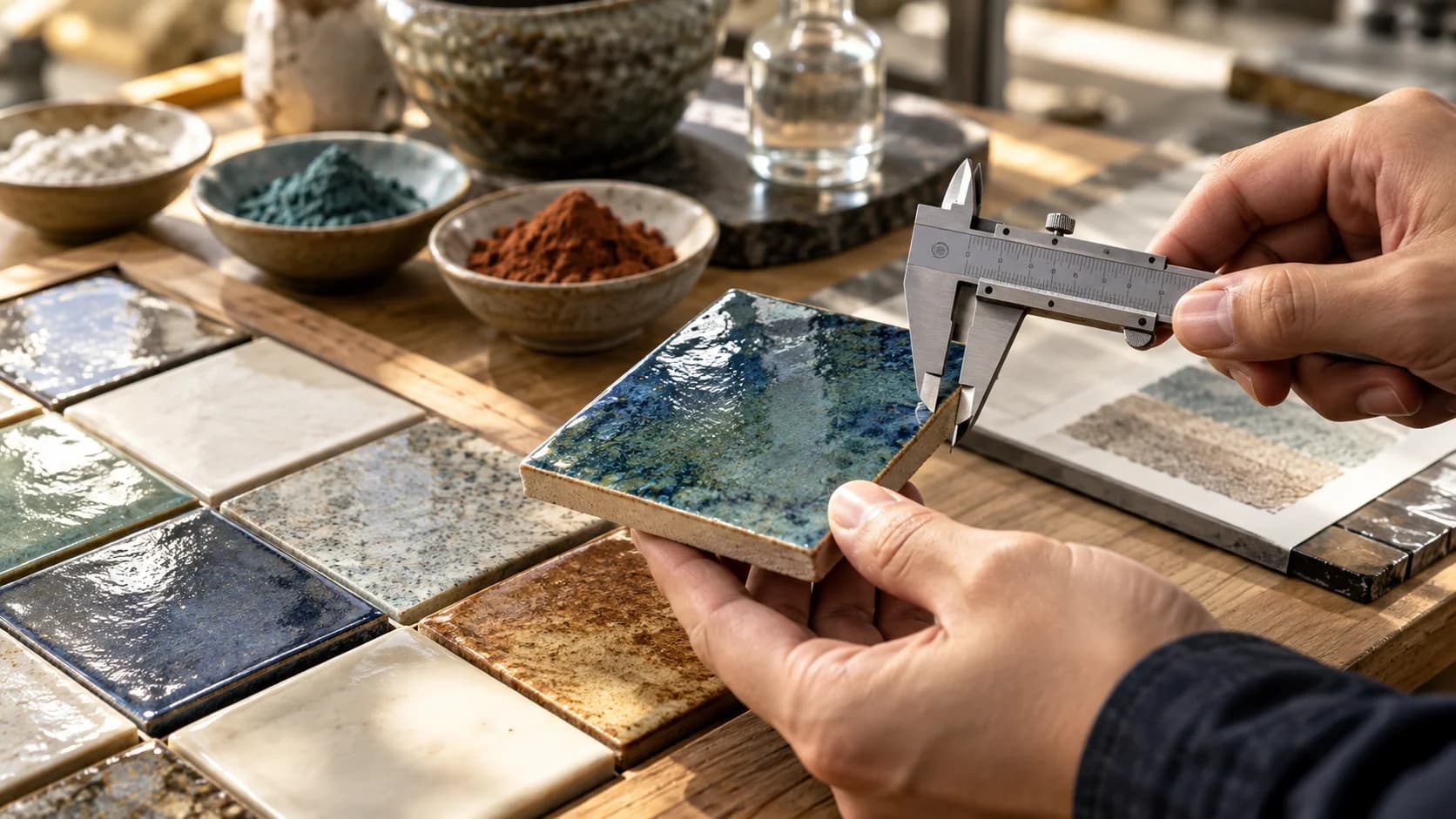 A ceramic finish being measured beside material samples