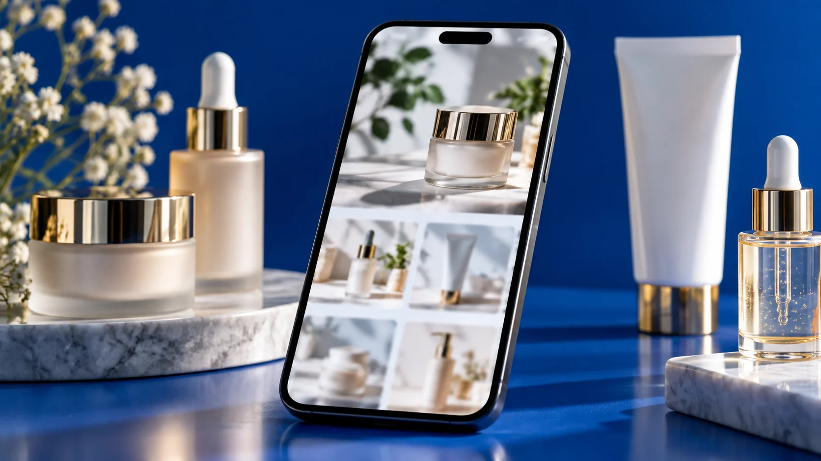 A smartphone beside botanical skincare products