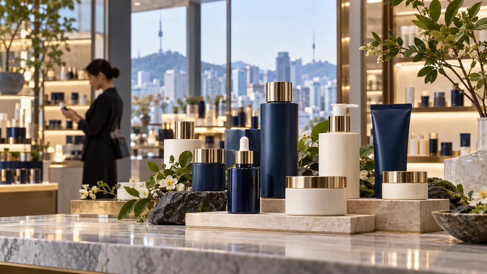 Premium skincare products displayed in a Seoul retail setting