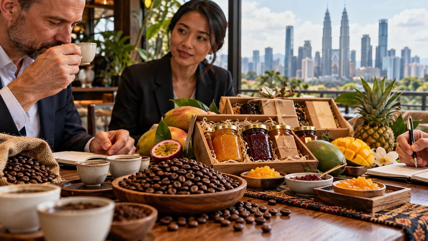 Coffee and food samples prepared for a buyer tasting