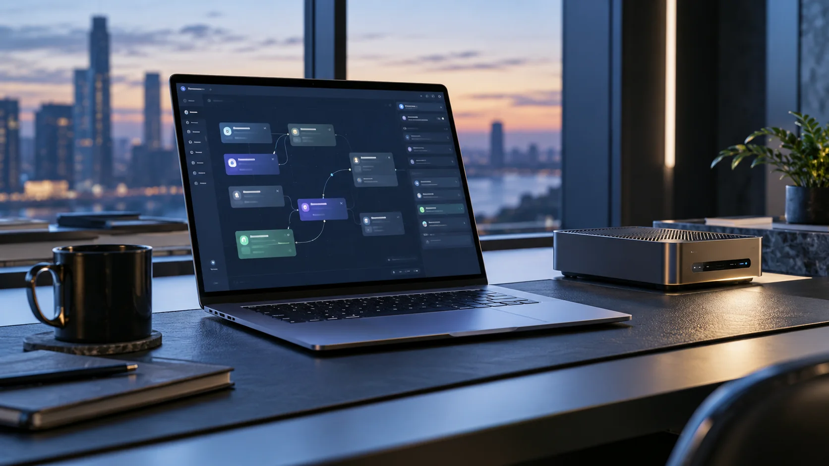 A premium laptop showing connected task cards and agent workflow interface beside compact network hardware