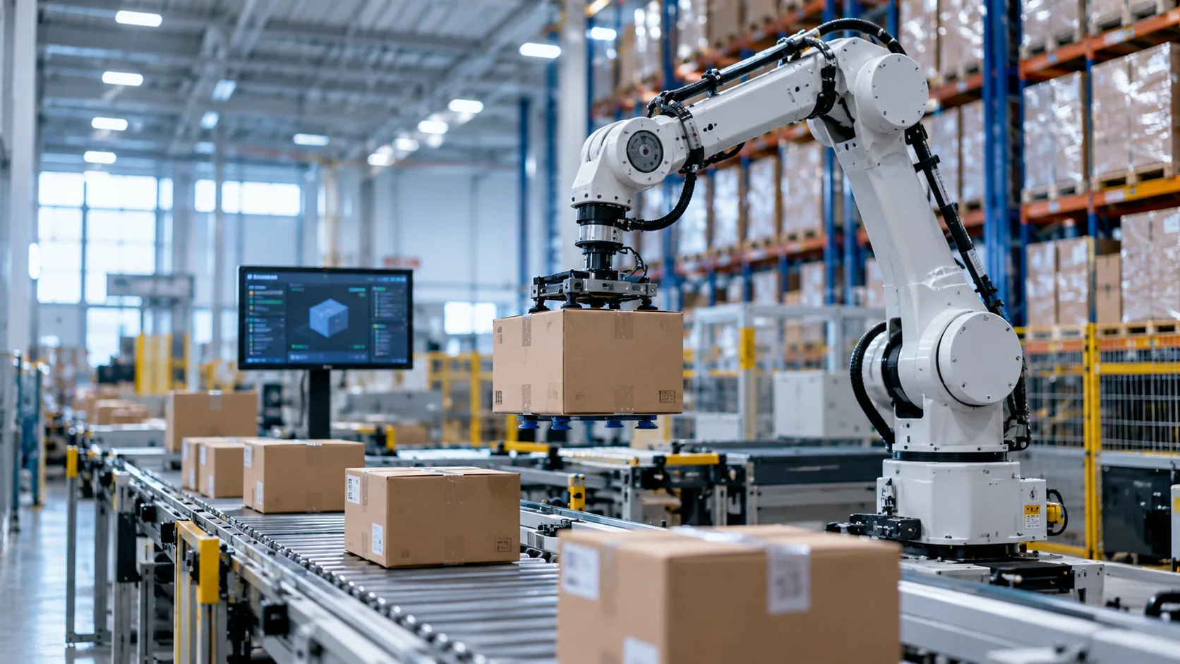 A robotic warehouse sorting arm handling parcels, sophisticated compact automation station
