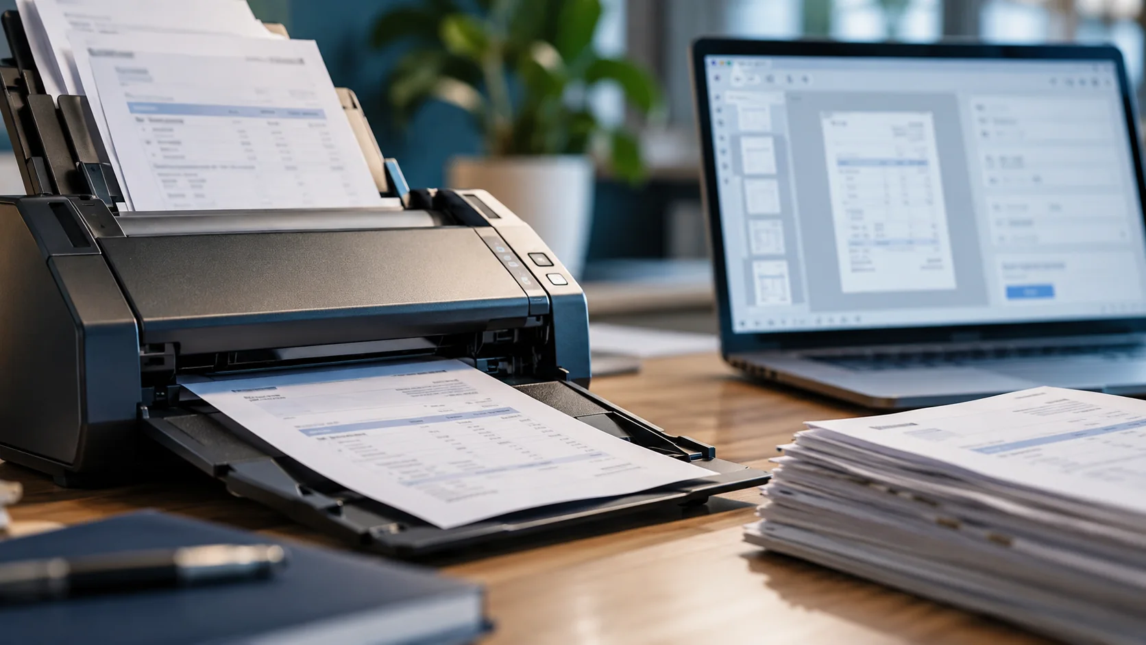 Close-up of document scanner feeding invoices beside a laptop with extraction interface