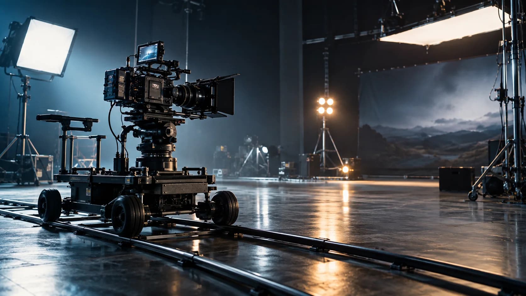 A professional cinema camera on a dolly in a dramatic dark commercial photography studio