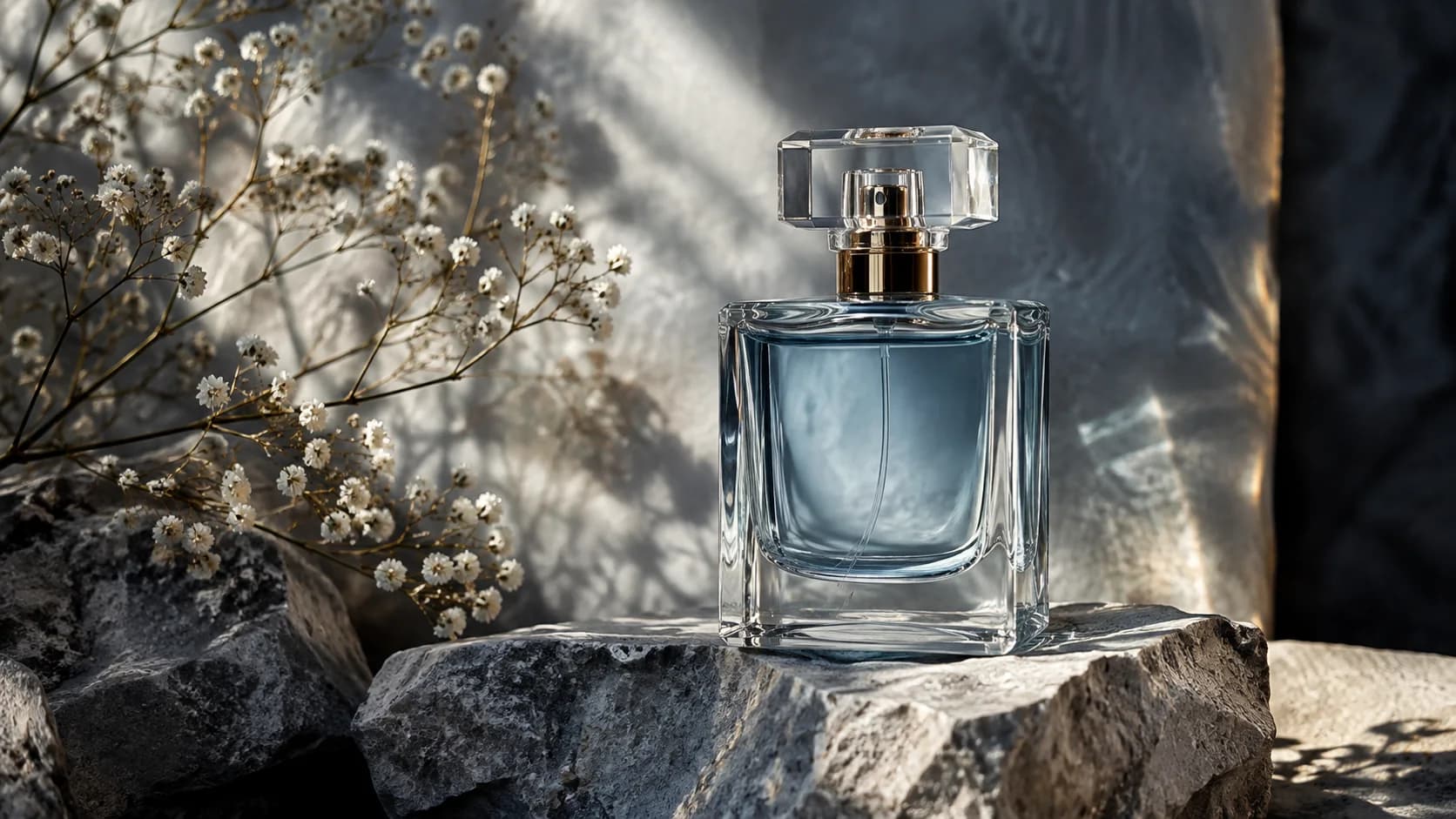 An elegant product photography set with sculpted lighting and a glass perfume bottle against textured backdrop