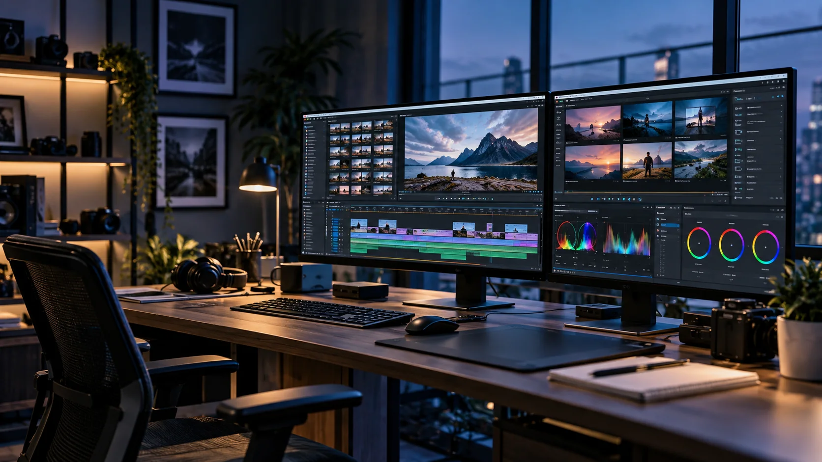 A film editing workstation showing colorful scene thumbnails and timeline