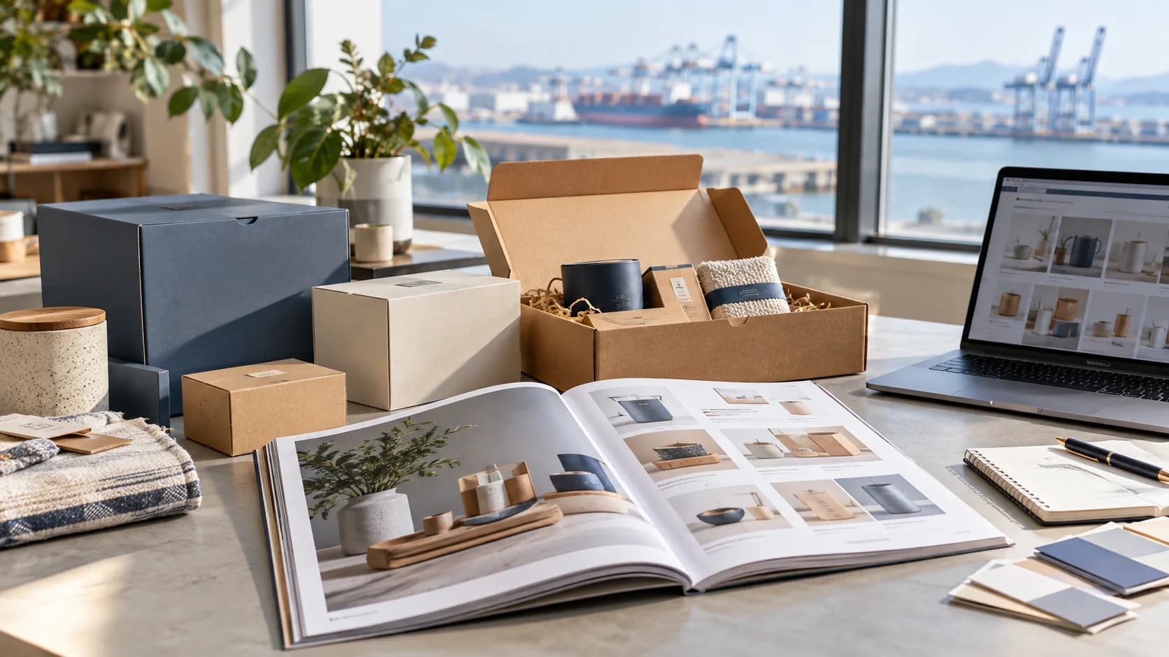 Export product catalog and sample packaging laid out on an immaculate desk