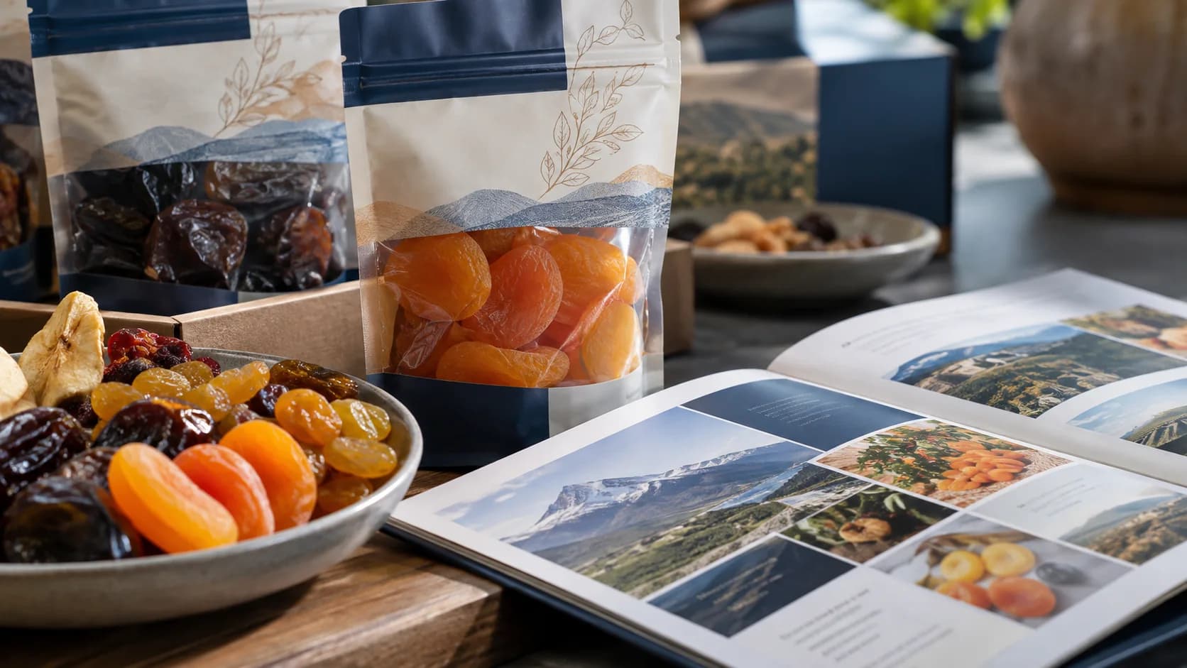 Close-up of professionally packaged dried fruit products beside a multilingual brochure
