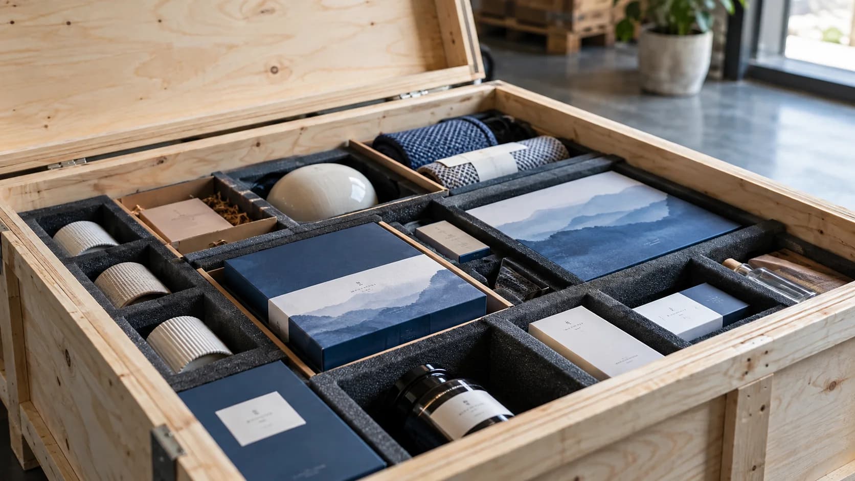 Wooden shipping crate opened to reveal organized premium product samples with protective inserts