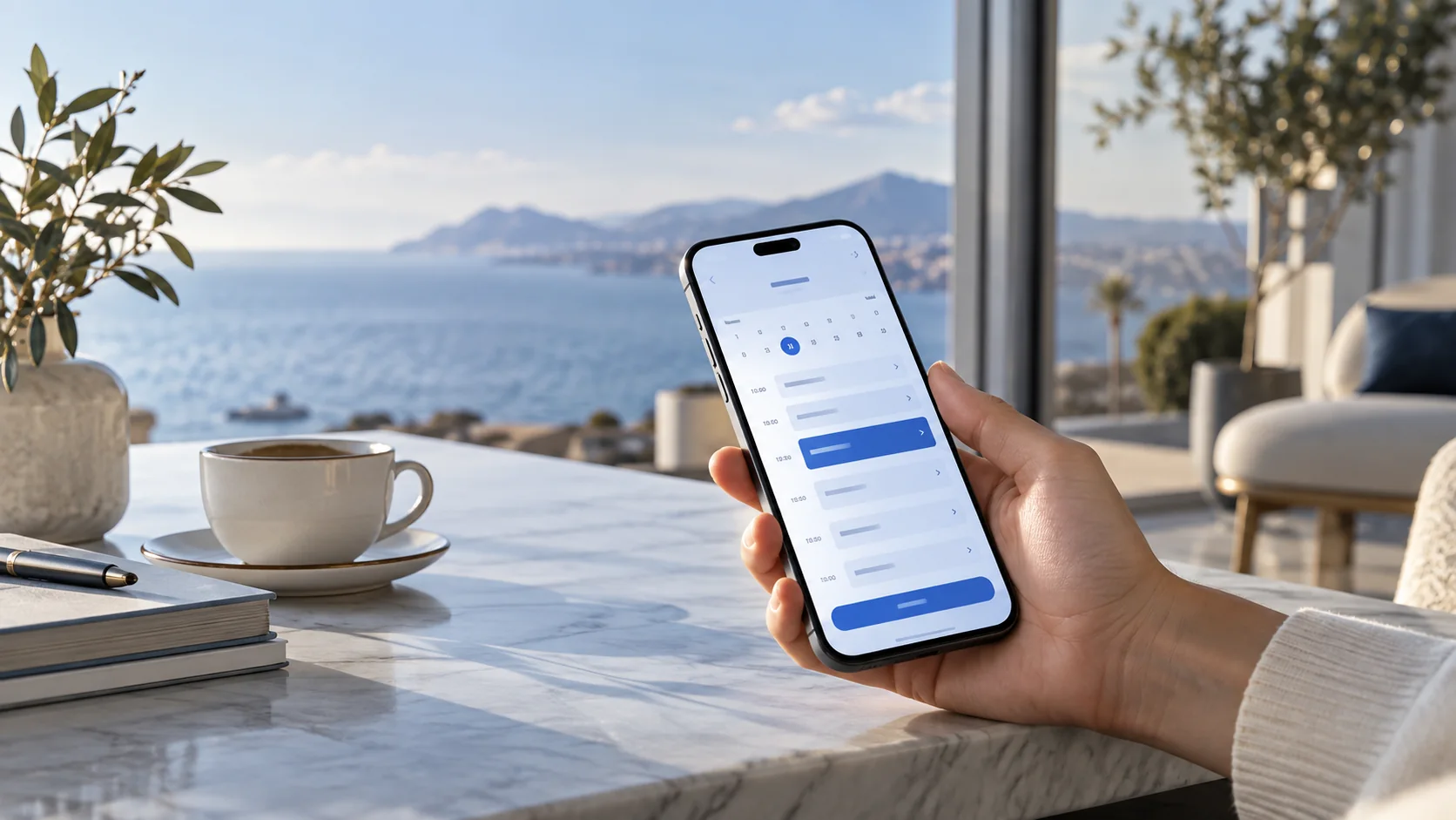 A high-end smartphone showing an elegant appointment booking app with spacious blue white interface