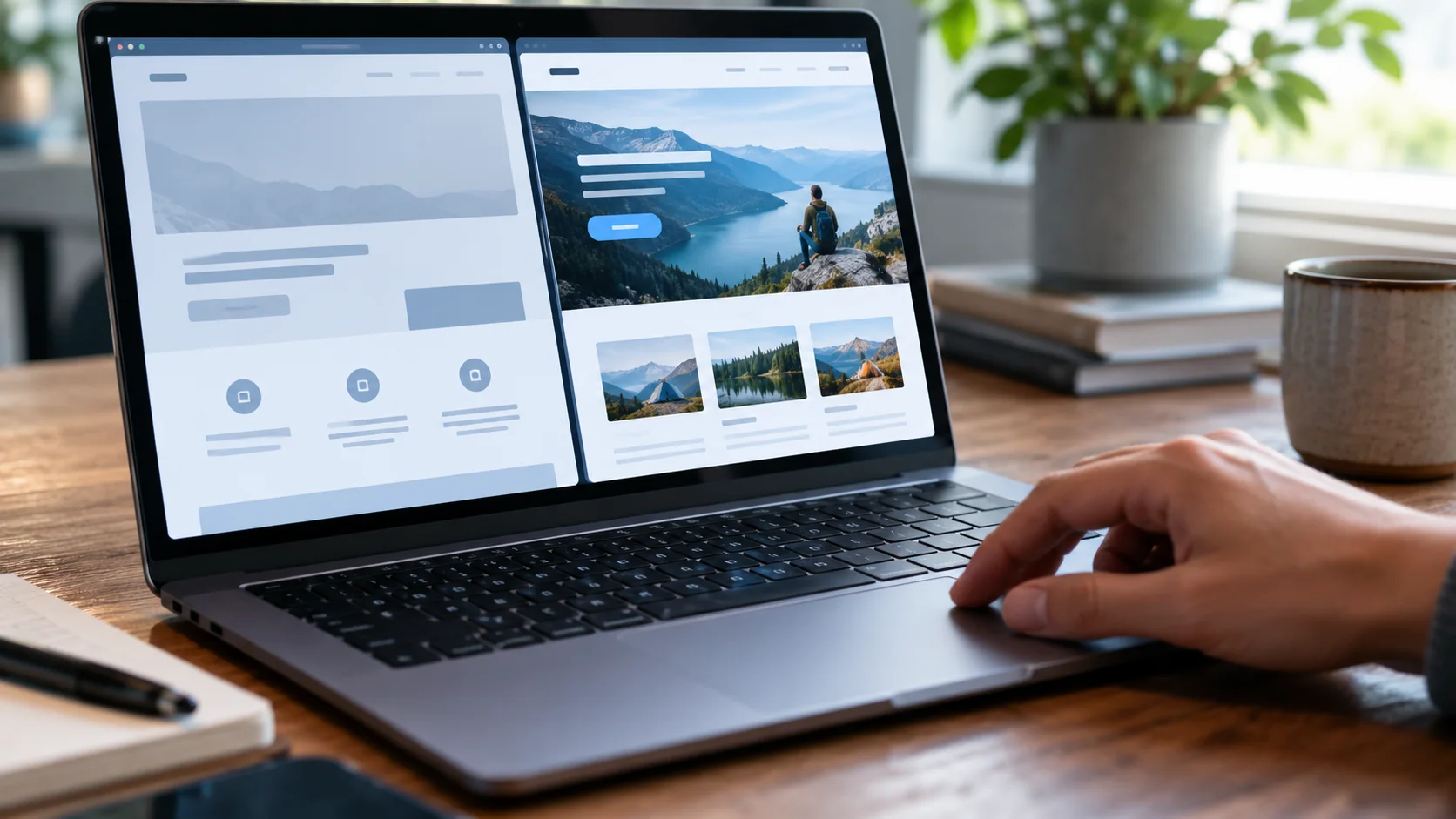 Close-up of a laptop trackpad and split screen comparing simple landing page layouts