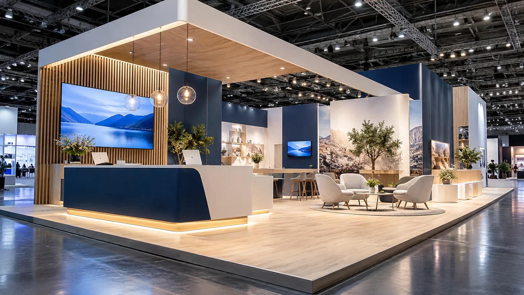 A beautifully designed premium exhibition booth at a large international trade fair