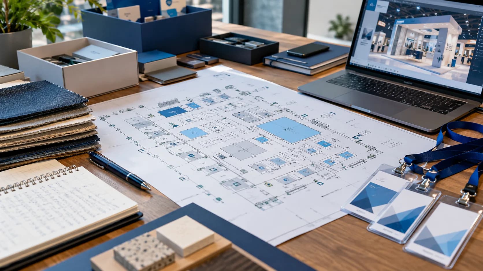 A trade fair floor plan beside exhibitor badges, sample boxes and a laptop