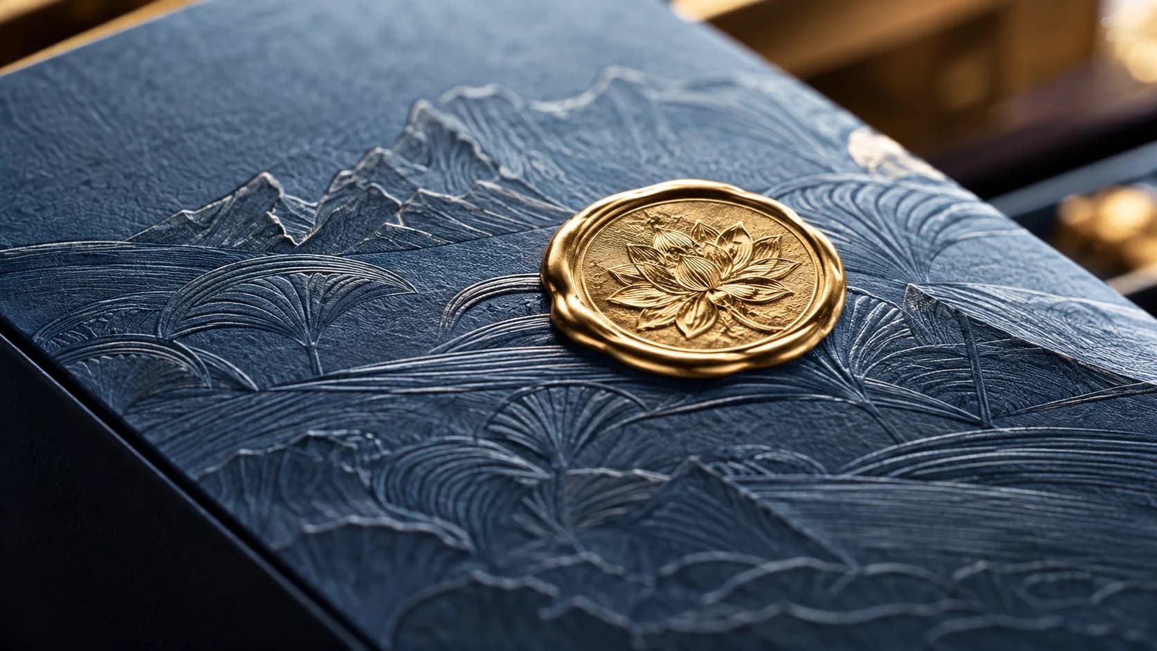 Macro of beautifully finished embossed packaging, paper texture and a metallic quality seal