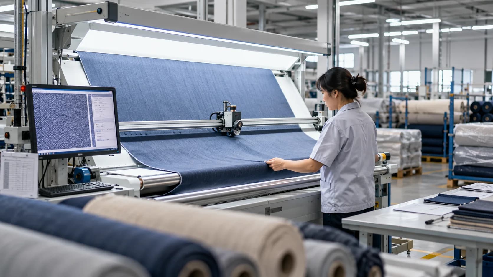 A clean textile manufacturing quality control station, rolls of fabric and inspection equipment