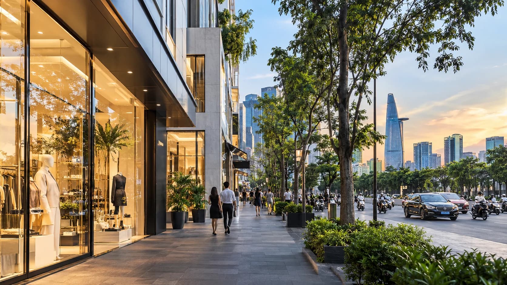 A premium modern retail street in Ho Chi Minh City, shop windows and contemporary architecture