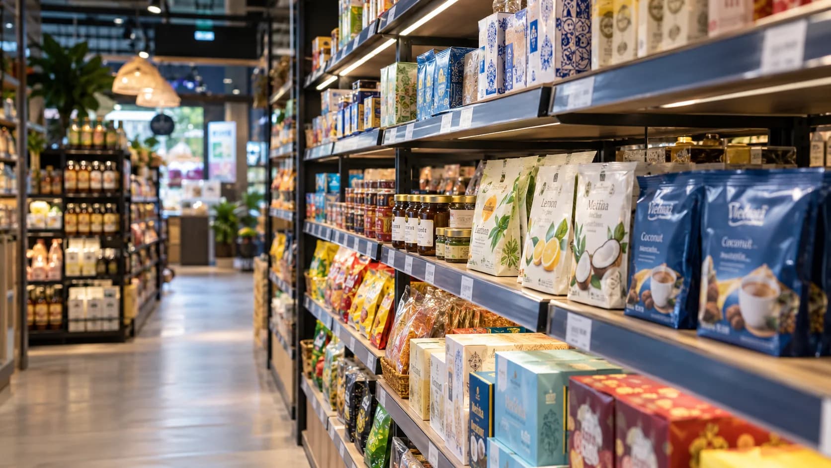 A supermarket aisle with diverse attractive packaged products