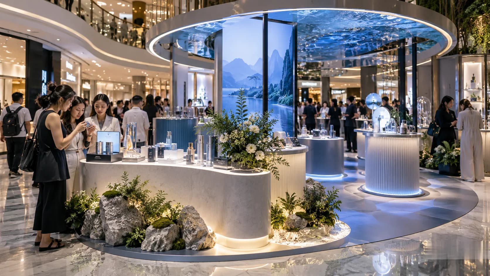 An unbranded product launch display in a contemporary Vietnamese shopping mall