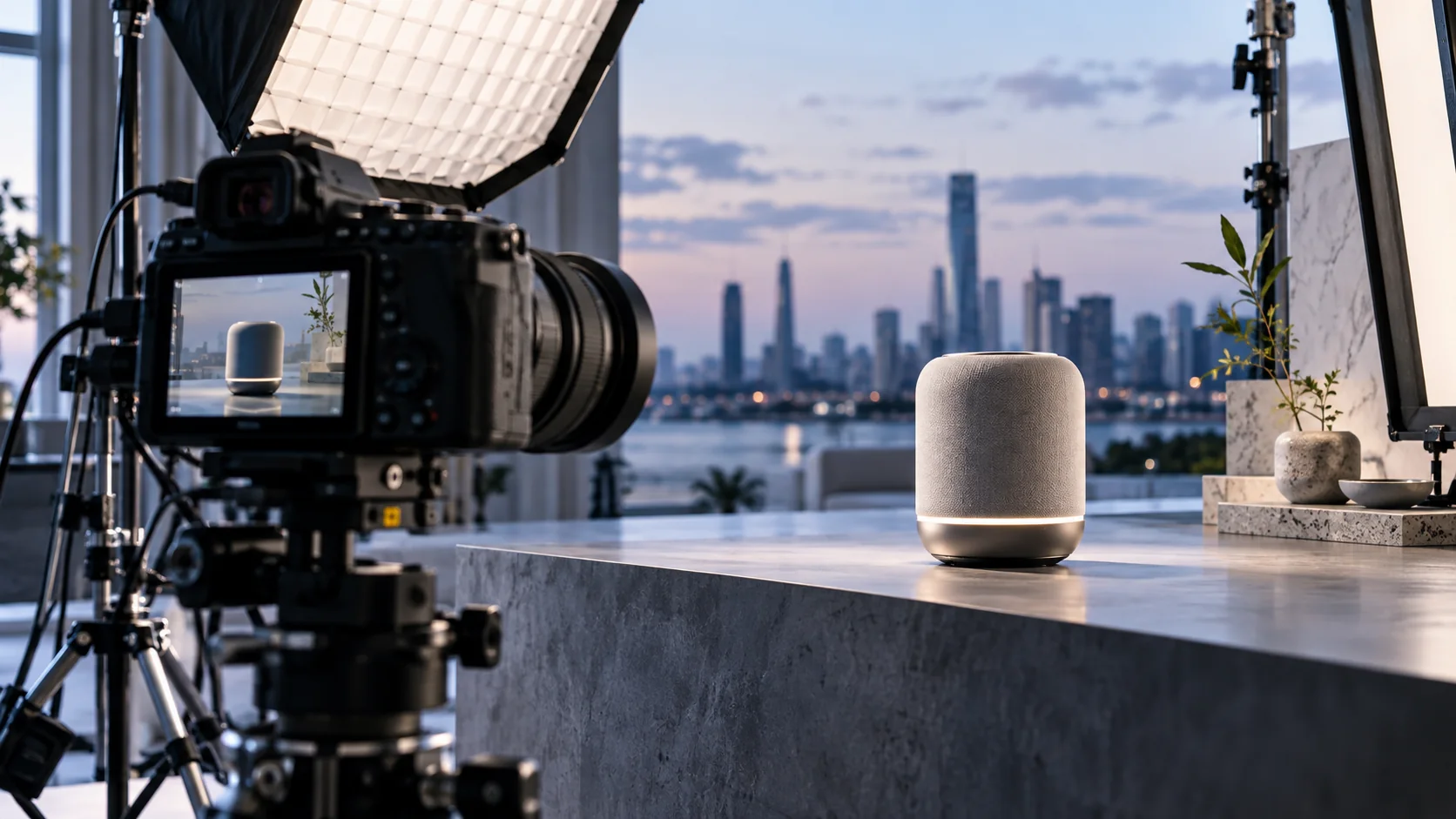 A beautifully lit professional camera photographing a futuristic unbranded smart speaker for an advertising campaign