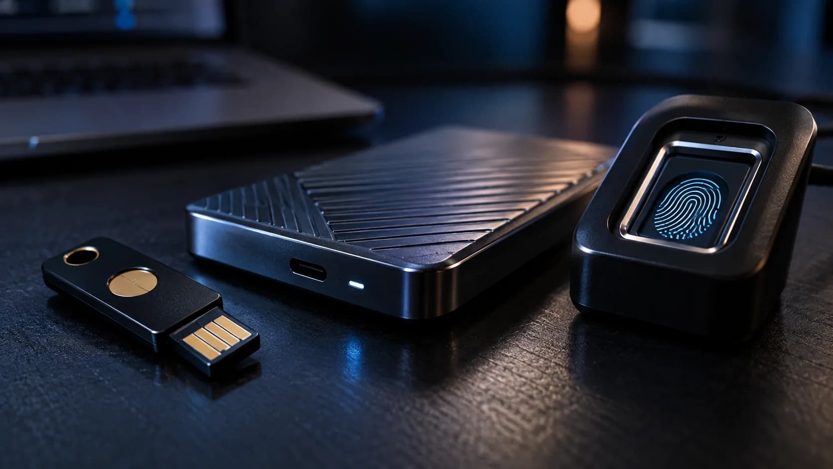 Close-up of a hardware security key, encrypted storage drive and fingerprint reader in a dark studio
