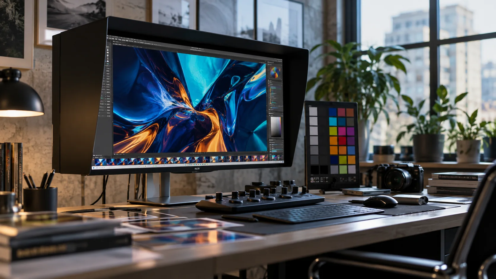 A large calibrated creative display showing abstract campaign artwork beside a color chart and editing console
