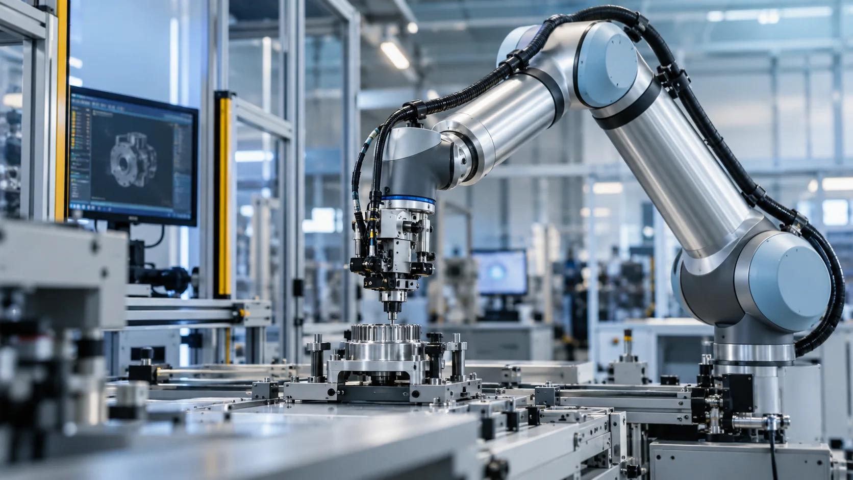A sleek industrial collaborative robotic arm assembling a precision component