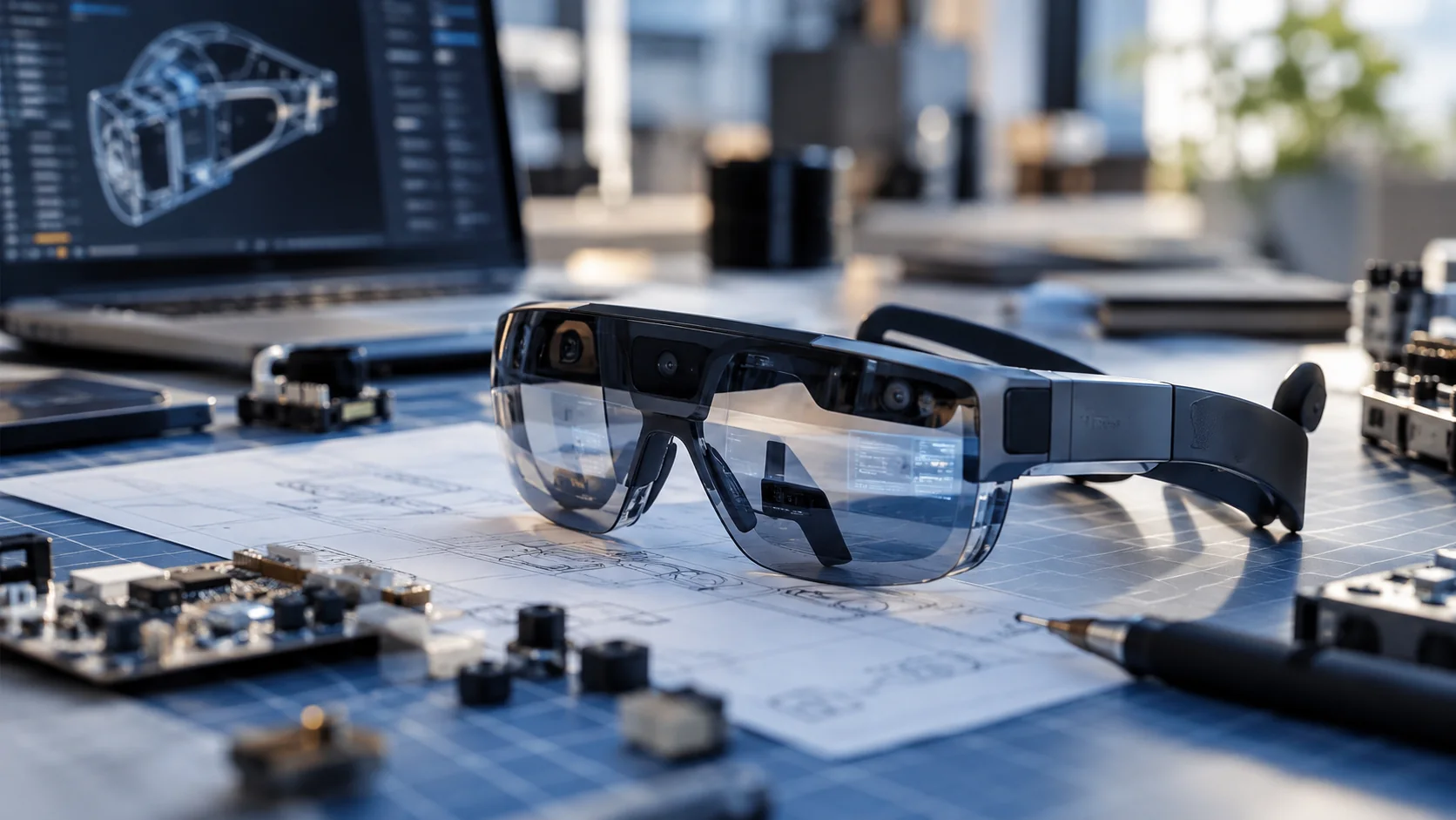 Macro of augmented reality glasses on a workstation beside technical components
