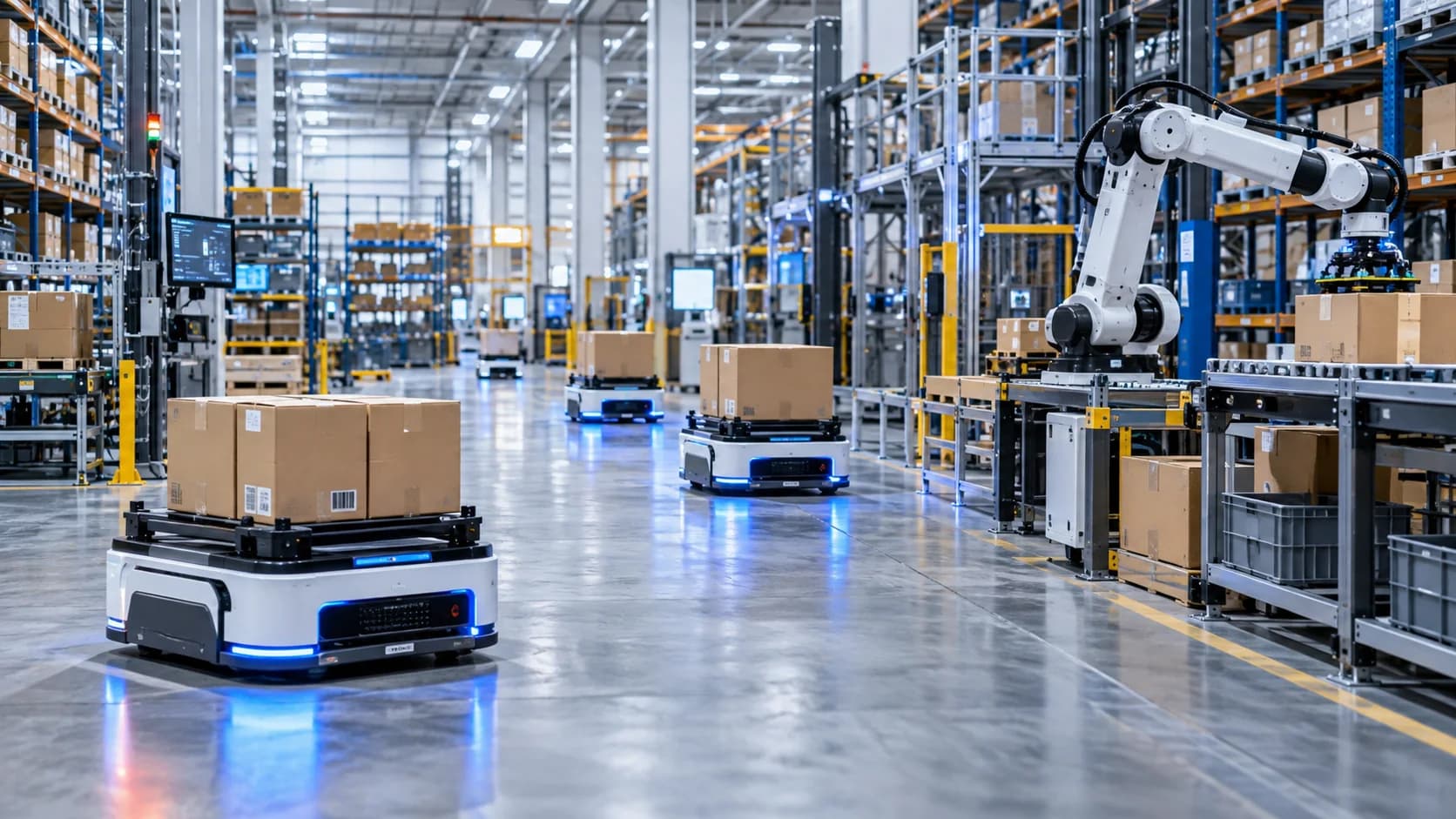 Wide interior of a highly automated modern warehouse with mobile robots and orderly shelving