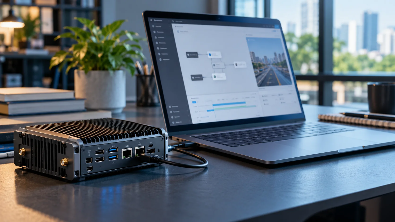Close-up of an edge AI computing device connected to a laptop showing a simple workflow interface