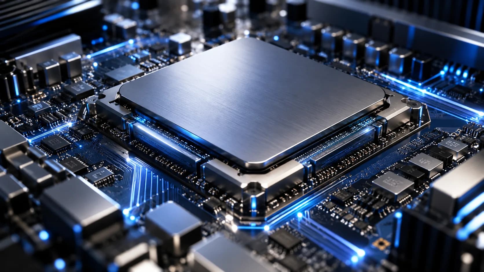 Advanced computing accelerator chip on detailed circuit board with blue optical signals