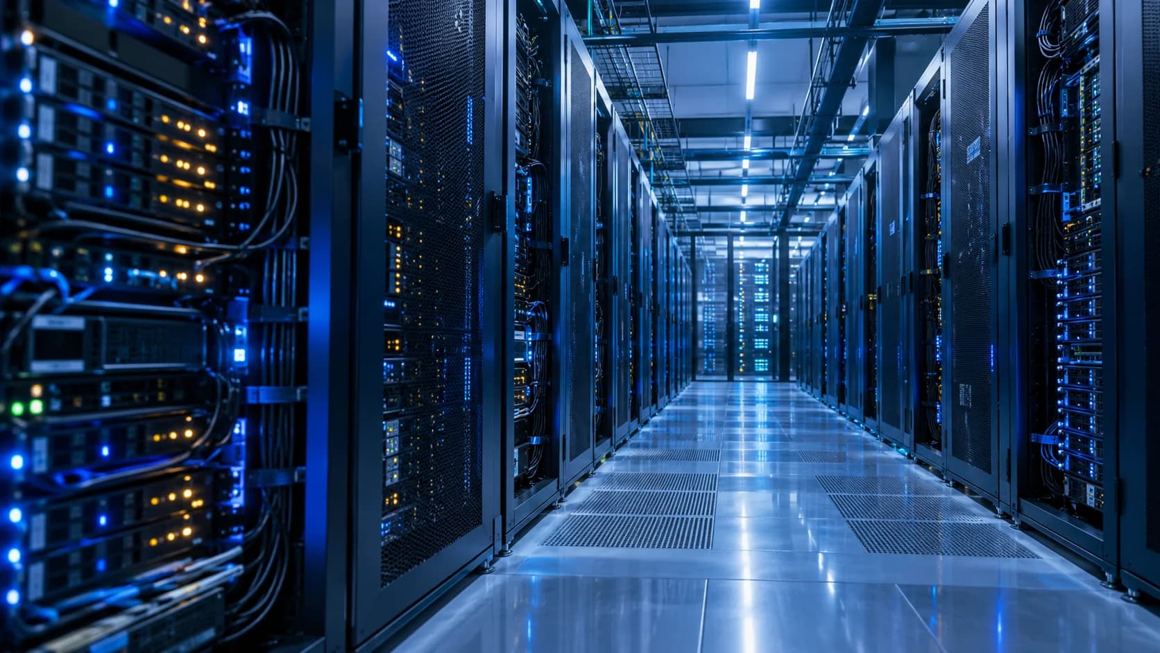 Long aisle of a futuristic realistic high performance computing datacenter, cold blue light