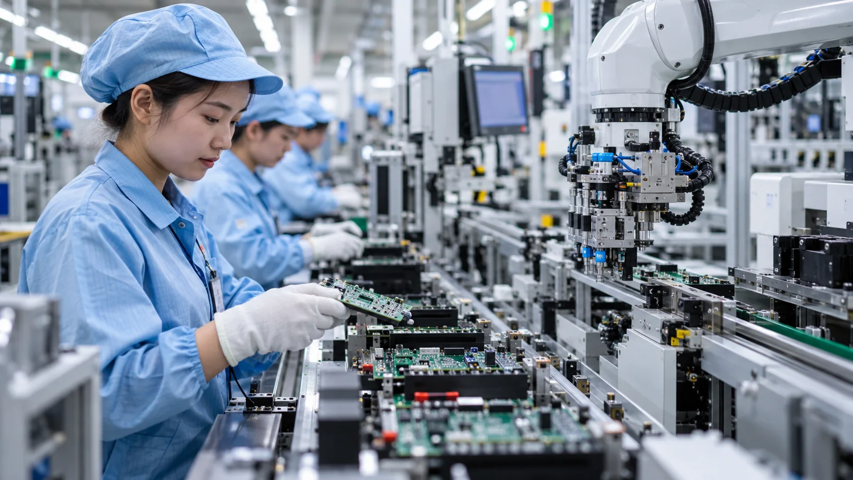 A modern clean Vietnamese electronics factory assembly line with robotic machinery