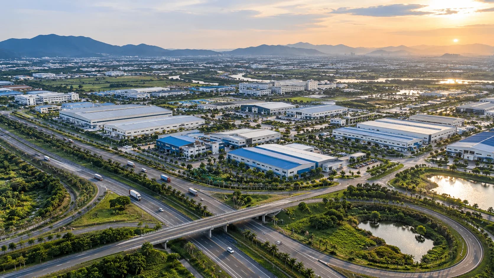 An aerial view of a Vietnam industrial park surrounded by roads and greenery