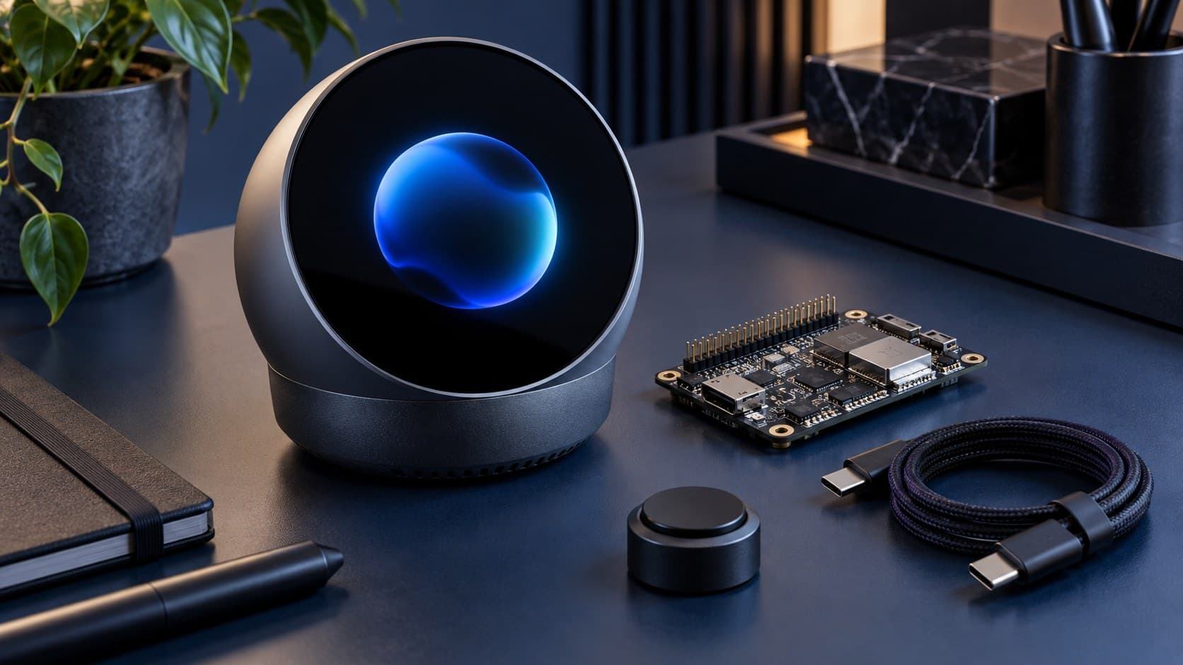 Conceptual AI desk device beside an electronics development board on a navy studio table