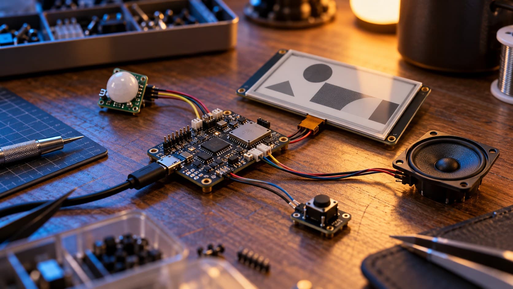 Conceptual sensor board, physical button and compact display on an electronics workbench