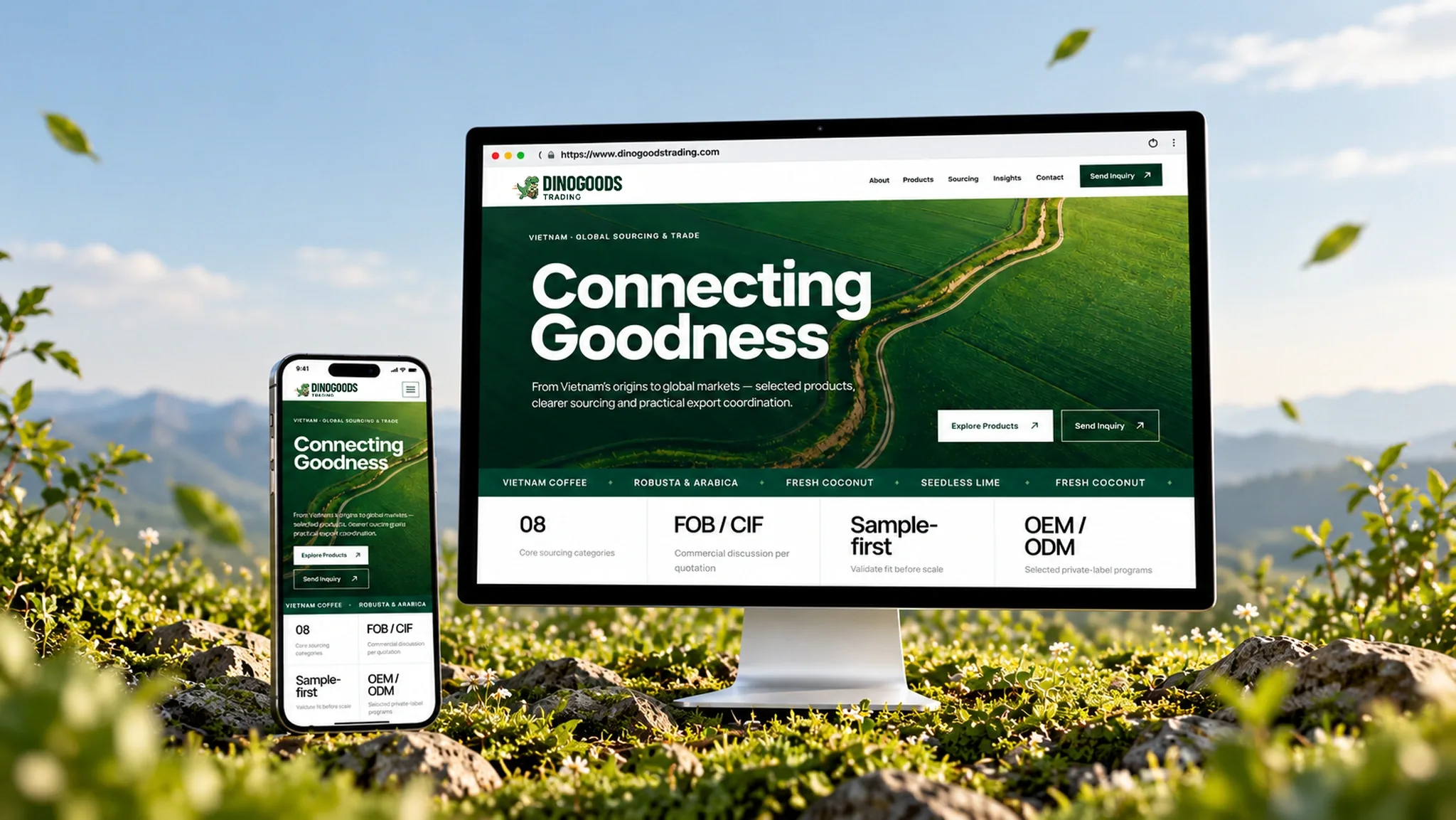 DINOGOODS Trading corporate export website presented across desktop and mobile