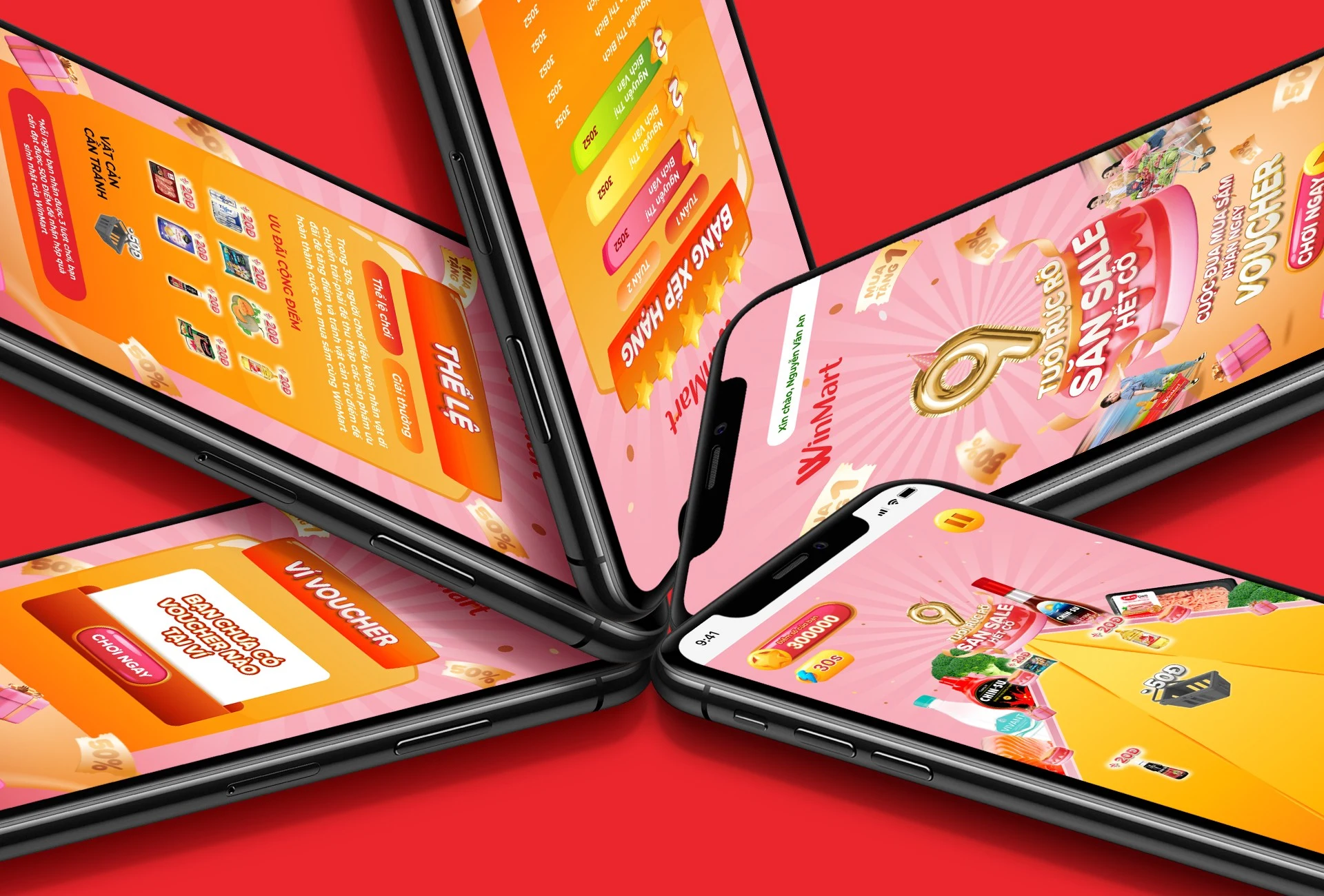WinMart game screens and anniversary promotional colors